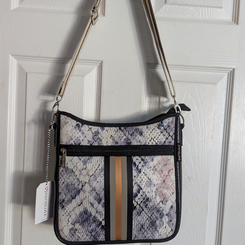Neoprene Crossbody Bag In Snakeskin print - Interchangeable Straps.